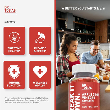 Dr. Tobias Apple Cider Vinegar Gummies with The Mother 60 Count | Digestive & Daily Wellness Support | 500 mg ACV | Folate + B6 + B12 + Iodine | Vegan | 30 Servings