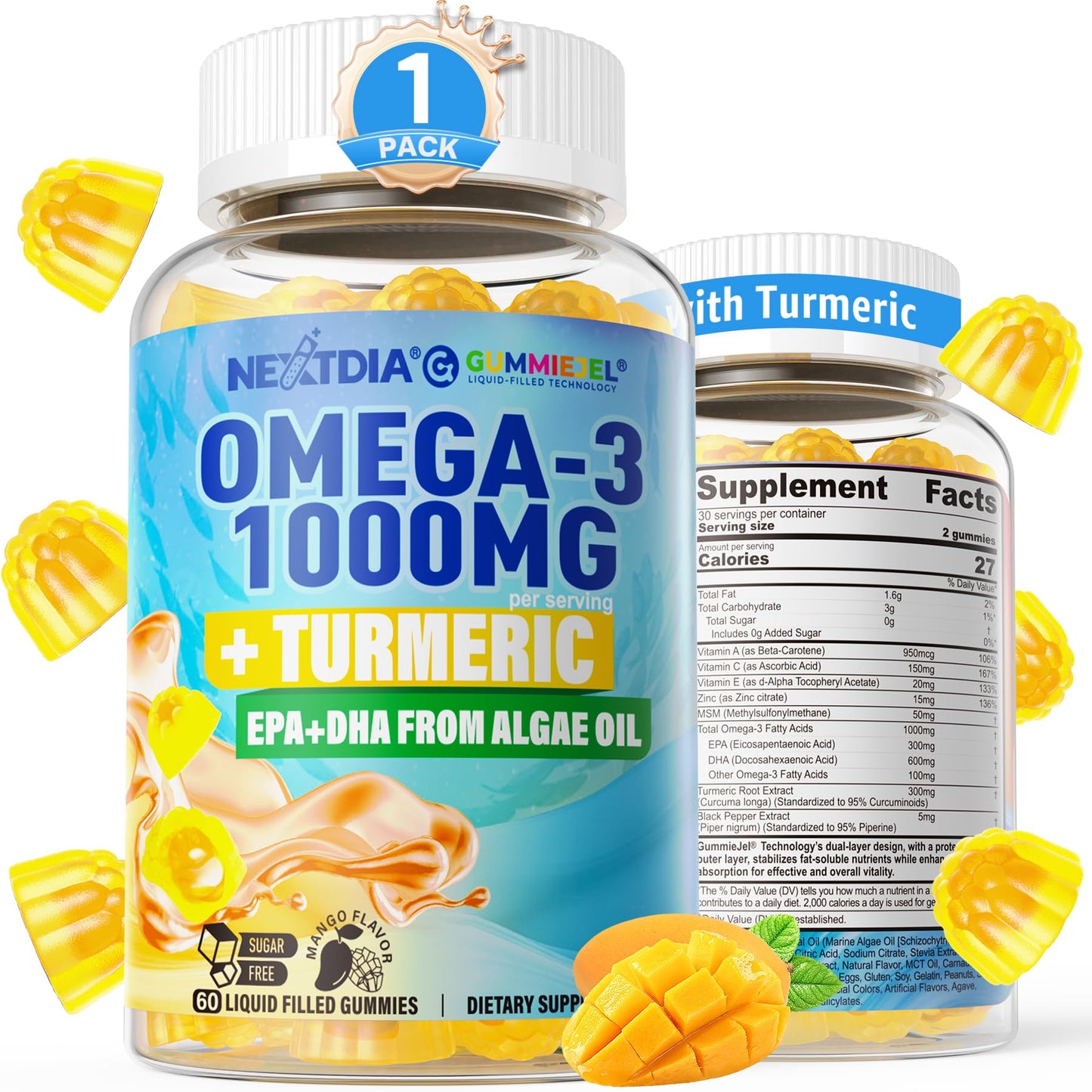 Omega-3 Gummies + Turmeric - Omega 3 Fish Oil Alternative for Adults - Algae DHA 600mg & EPA 300mg, Vitamins A, C, E, Zinc & MSM, Sugar Free, 60 Cts