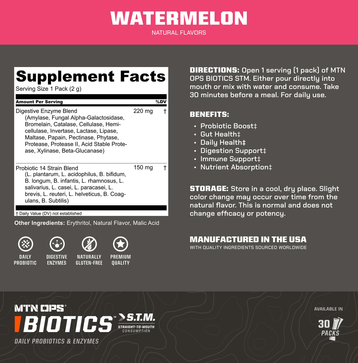 MTN OPS Biotics Daily Probiotic & Prebiotic for Gut Health, 60 Capsules