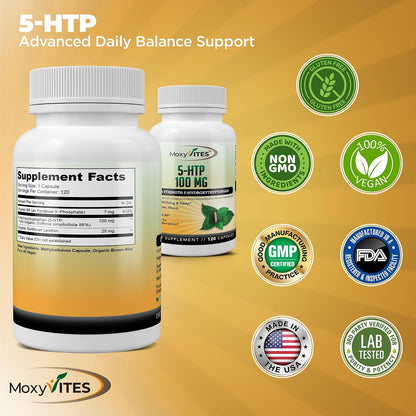 MoxyVites 5HTP 100mg Supplement, Plus B6, 5 HTP Organic Whole Food - Best Serotonin Booster - Non-GMO, 120 Vegan Capsules