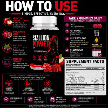 Stallion Power Gummies for Men, Male Support Supplement 1-Pack, 60 Gummies