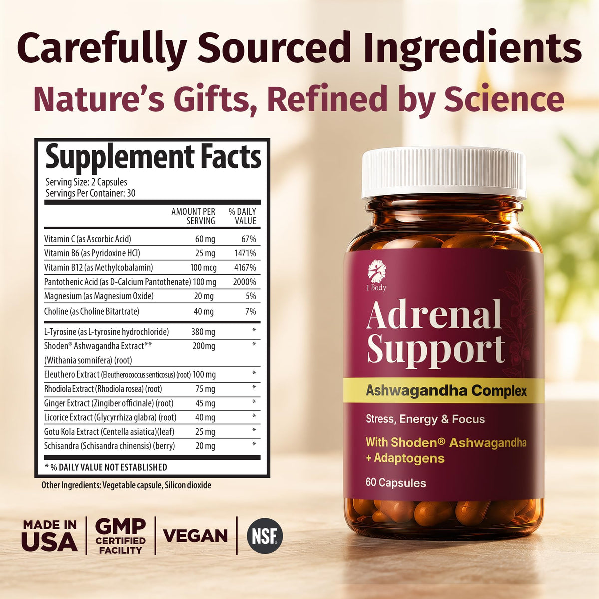 1 Body Adrenal Support Supplement, Shoden Ashwagandha + Cortisol, 60 Caps