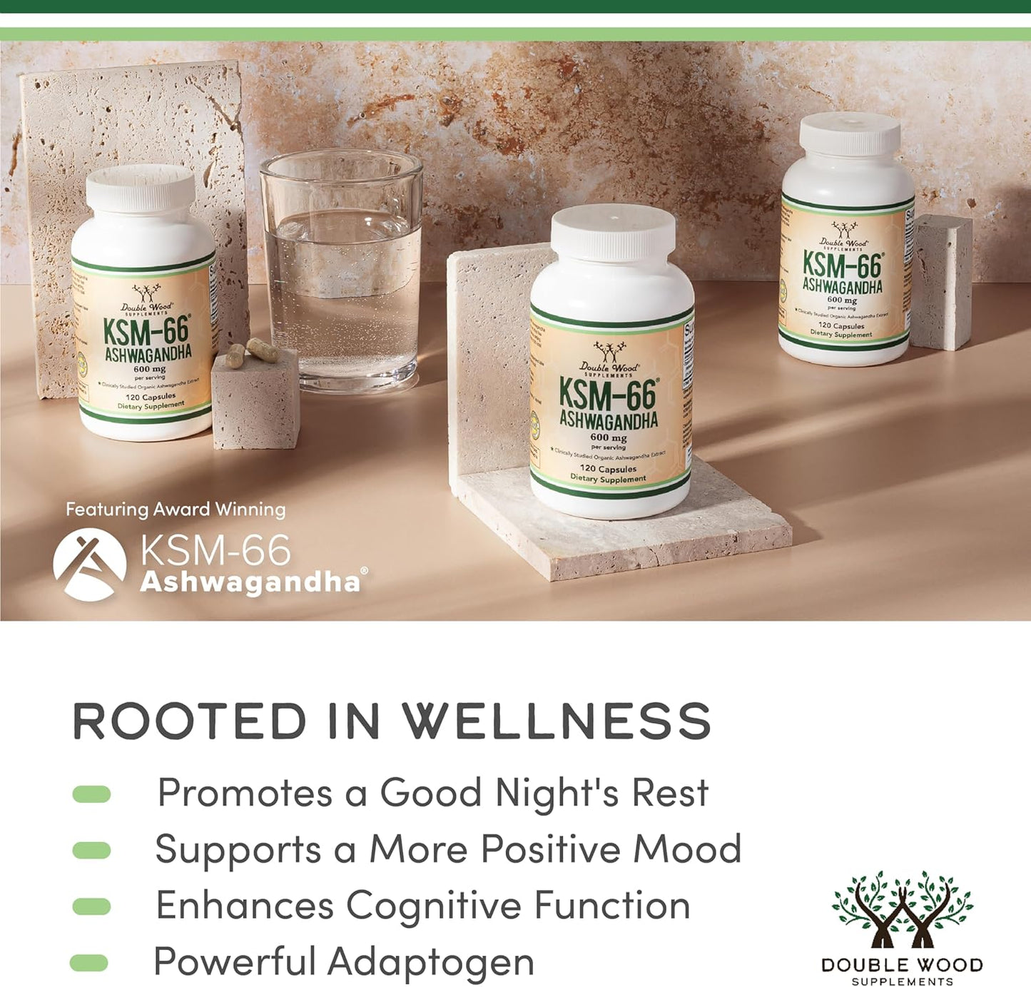 Double Wood Supplements Ashwagandha KSM 66 Organic and Clinically Studied Extract (600mg Per Serving, 120 Capsules, 60 Servings) Adaptogen Cortisol Manager for Women and Men
