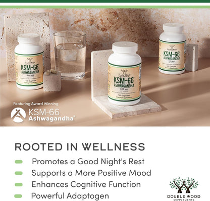 Double Wood Supplements Ashwagandha KSM 66 Organic and Clinically Studied Extract (600mg Per Serving, 120 Capsules, 60 Servings) Adaptogen Cortisol Manager for Women and Men