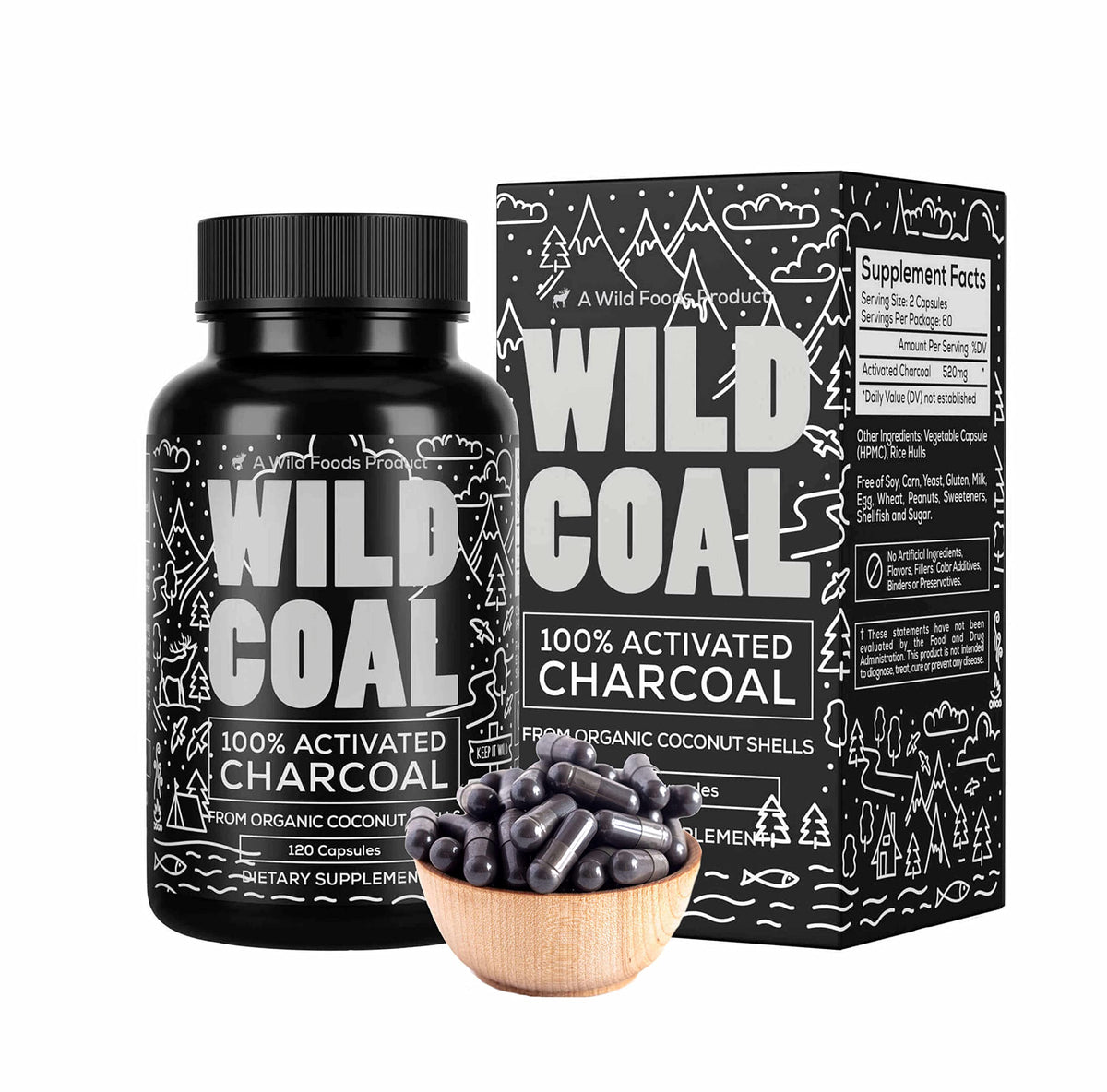 Wild Foods Activated Charcoal Capsules | 100% Organic Coconut Shells Active Tablets 