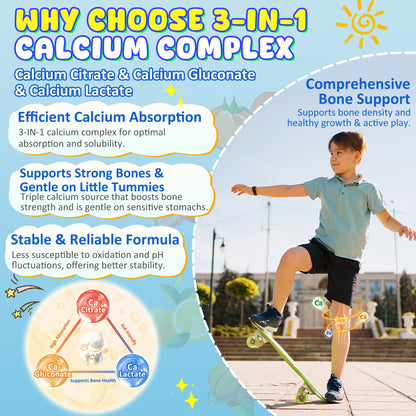 Kids Calcium Gummies + D3 & Magnesium for 4+, with Calcium Citrate Calcium Gluconate, Calcium Lactate, Probiotics & Prebiotics for Children Bone Health,Muscle Support,Digestive Health,Sugar Free 60Cts