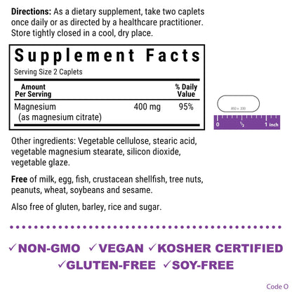Bluebonnet Nutrition Magnesium Citrate, 400mg of Magnesium, Maximum Absorption, Supports Immune Health & Energy Production*, Soyfree, Gluten-Free, Non-GMO, Kosher, Dairy Free, Vegan, 120 Caplets
