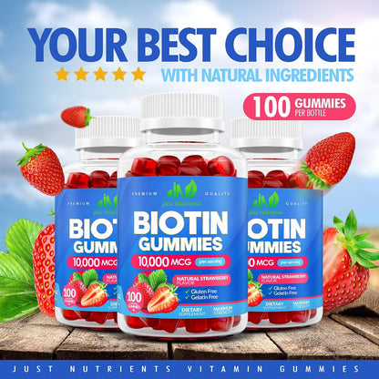 Biotin 10,000mcg Gummies for Hair Growth, Skin & Nails (100 Count) | 2x Maximum Strength Biotin Vitamins for Women & Men - Gluten-Free, Vegan, Great Tasting Strawberry Flavor