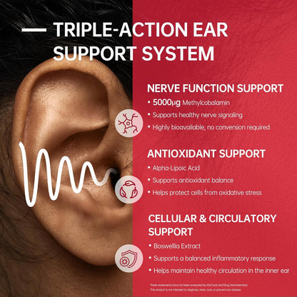 Tinnitus Relief Supplement for Ringing Ears, Ear Noise and Auditory Comfort | Traceable German Pharmaceutical-Grade, Alpha Lipoic Acid, B12 Methylcobalamin 5000mcg, Boswellia, 1 Per Day, 60 Days Supply