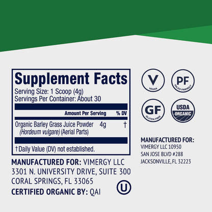 Vimergy USDA Organic Barley Grass Juice Powder, Trial Size - 30 Servings – Super Greens