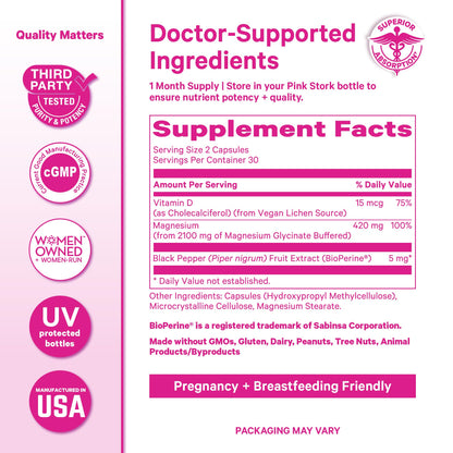 Pink Stork Magnesium Glycinate with Vitamin D, 60 Capsules | Magnesium Supplement for Women, Supports Natural Calm, Mood, and Sleep, Hormone Balance for Women, 1 month supply