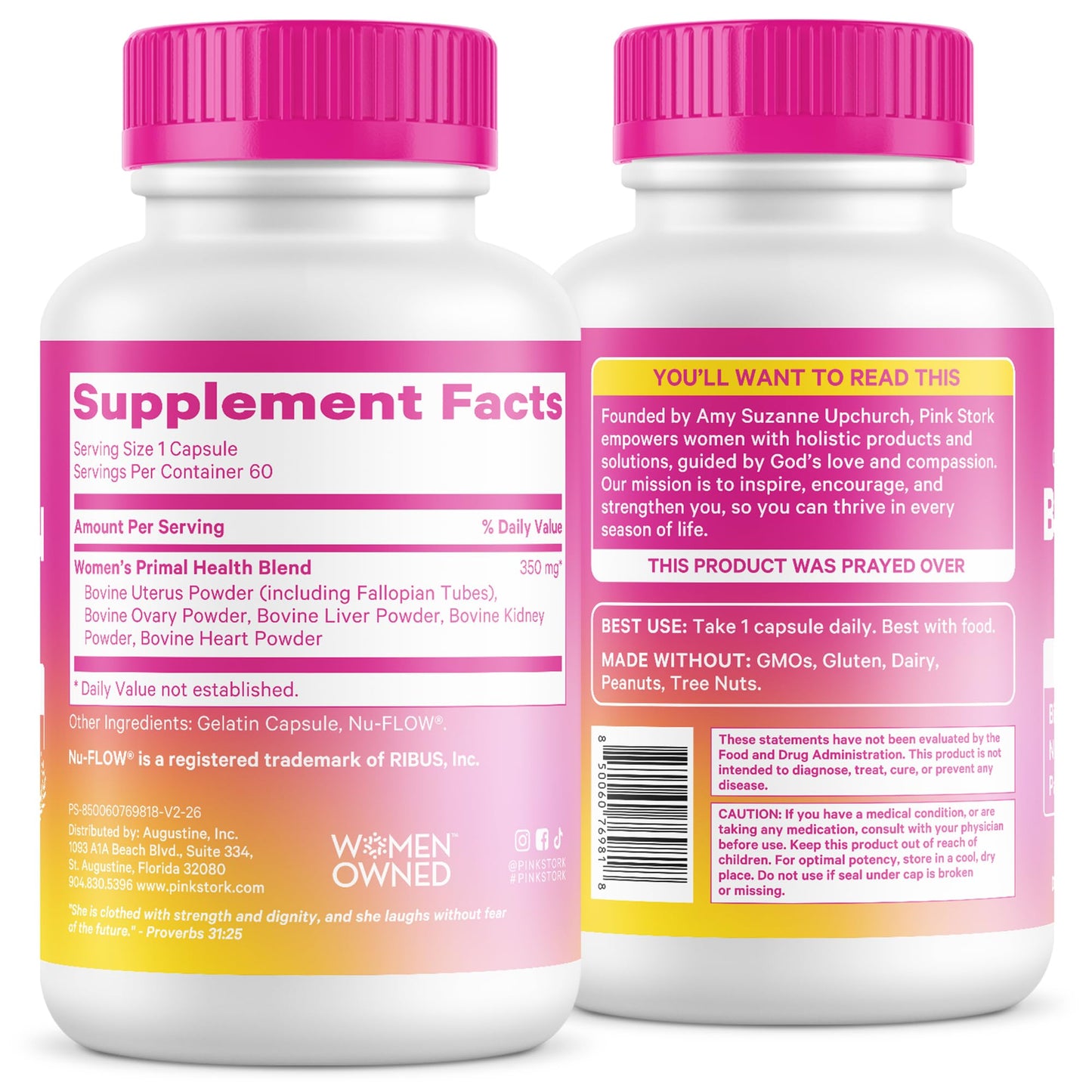 Pink Stork Beef Organ Supplement for Women, Clean Label, 60 Capsules | Grass-Fed Beef Liver Capsules, Iron, B12, CoQ10, Vitamin A, Primal Multivitamin for Hormone + Energy Support