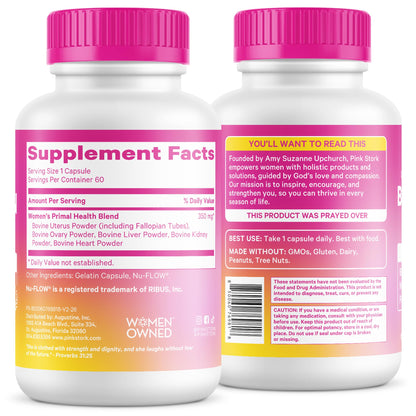 Pink Stork Beef Organ Supplement for Women, Clean Label, 60 Capsules | Grass-Fed Beef Liver Capsules, Iron, B12, CoQ10, Vitamin A, Primal Multivitamin for Hormone + Energy Support