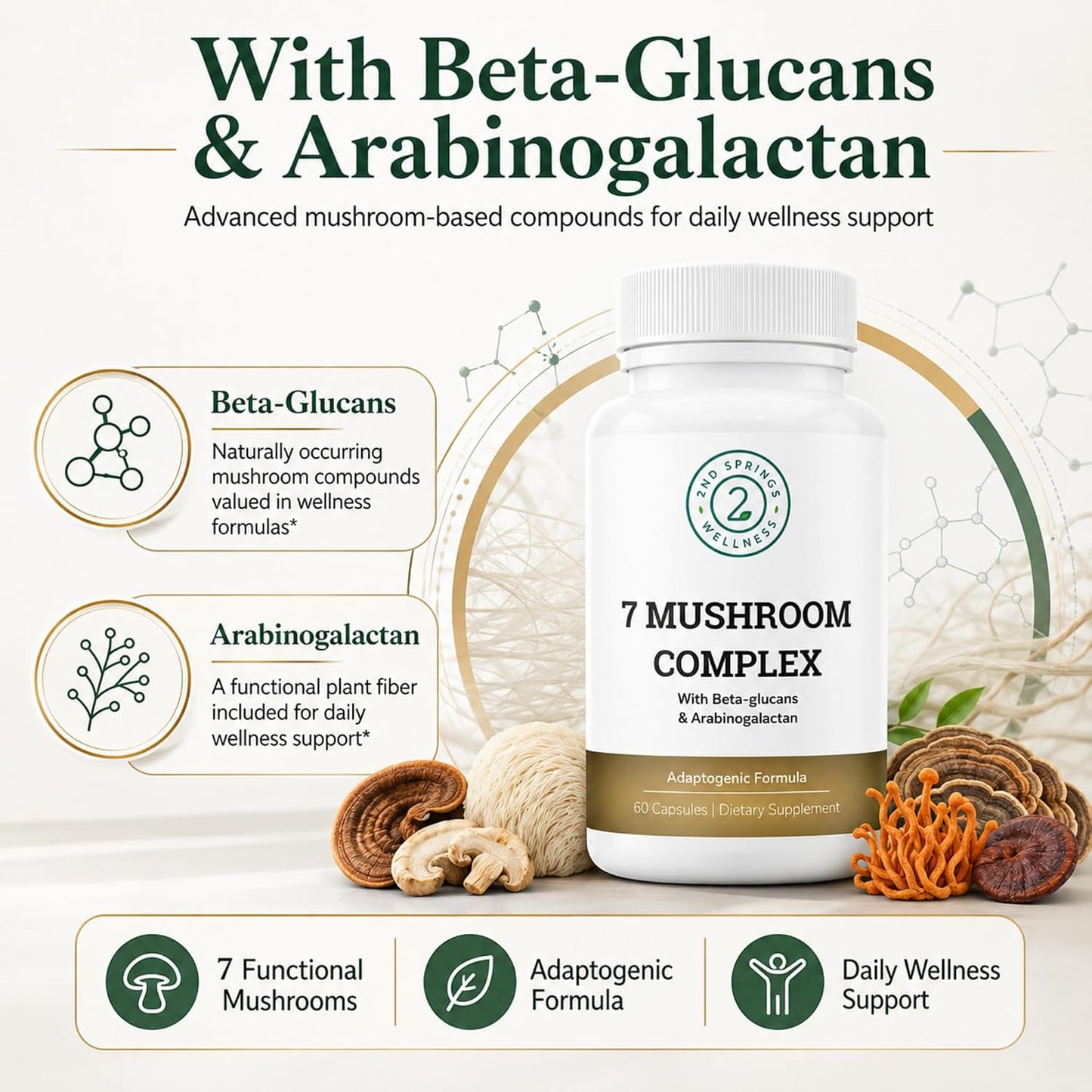 7 Organic Mushroom Complex - 7 Mushroom Supplement | Immune Support Nootropic & Adaptogenic, Lion's Mane, Chaga, Maitake, Shiitake, Reishi, Turkey Tails, Cordyceps, Capsules