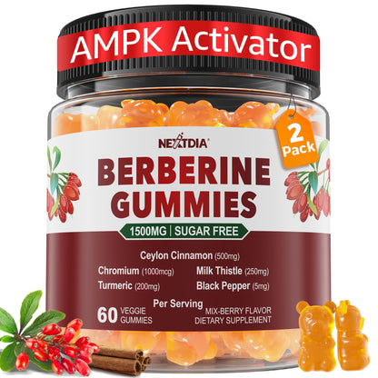 Berberine Gummies Supplement 1500mg, Natural GLP-1 Support + Ceylon Cinnamon, Chromium, Milk Thistle, Turmeric, AMPK Activator for Women & Men, Berberine HCl from Indian Barberry, Sugar Free, 60 Count