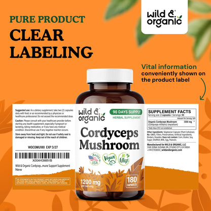 Wild & Organic Cordyceps Mushroom Tincture - Energy & Immune Support - Cordyceps Sinensis Extract Supplement - Liquid Mushroom Drops - Add to Tea & Mix with Powder - Sugar & Alcohol-Free - 4 fl oz