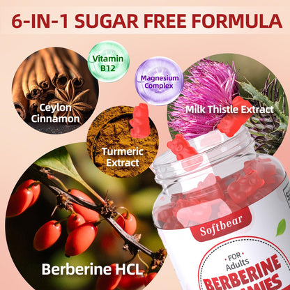 softbear Berberine with Ceylon Cinnamon Gummies-99% Purity Berberine HCL Supplements