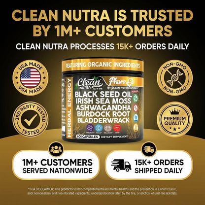Clean Nutra Black Seed Oil Capsules + Sea Moss Ashwagandha Burdock Root Bladderwrack Seaweed Skin Detox Stress Relief Immune Support Focus Supplement Nigella Sativa 60 Pills
