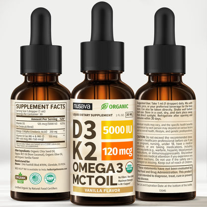 (2 Pack) Organic Vitamin D3 K2 Drops with MCT Oil & Omega 3 - Liquid Vitamin D3 5000 IU - K2 D3 Vitamin Supplement - Vitamin D Drops for Women & Men - No Fillers, Non-GMO, GMP, Unflavored (2 Fl Oz)