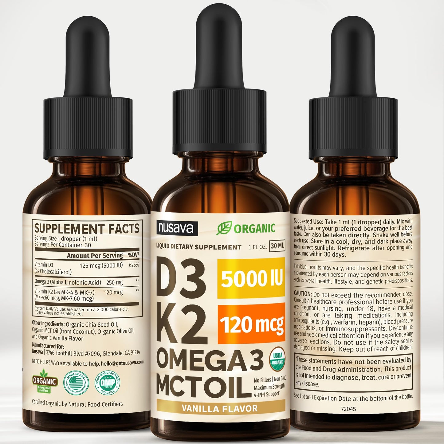 (2 Pack) Organic Vitamin D3 K2 Drops with MCT Oil & Omega 3 - Liquid Vitamin D3 5000 IU - K2 D3 Vitamin Supplement - Vitamin D Drops for Women & Men - No Fillers, Non-GMO, GMP, Unflavored (2 Fl Oz)