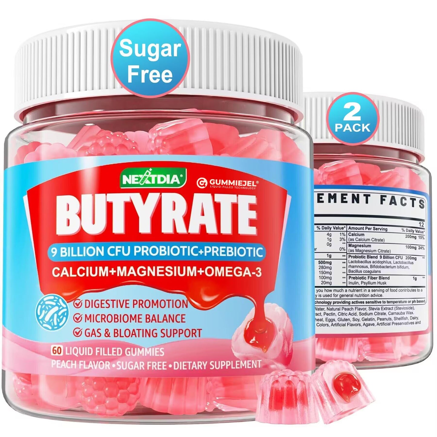Butyrate Gummies with Probiotic + Prebiotic + Postbiotic, Omega-3 500mg,Fiber with 9 Billion CFU Probiotics, Calcium & Magnesium, Inulin,Psyllium Husk for Digestive Health,Bloating Support,Sugar Free