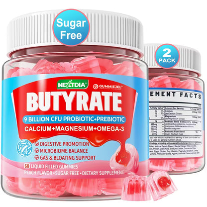 Butyrate Gummies with Probiotic + Prebiotic + Postbiotic, Omega-3 500mg,Fiber with 9 Billion CFU Probiotics, Calcium & Magnesium, Inulin,Psyllium Husk for Digestive Health,Bloating Support,Sugar Free