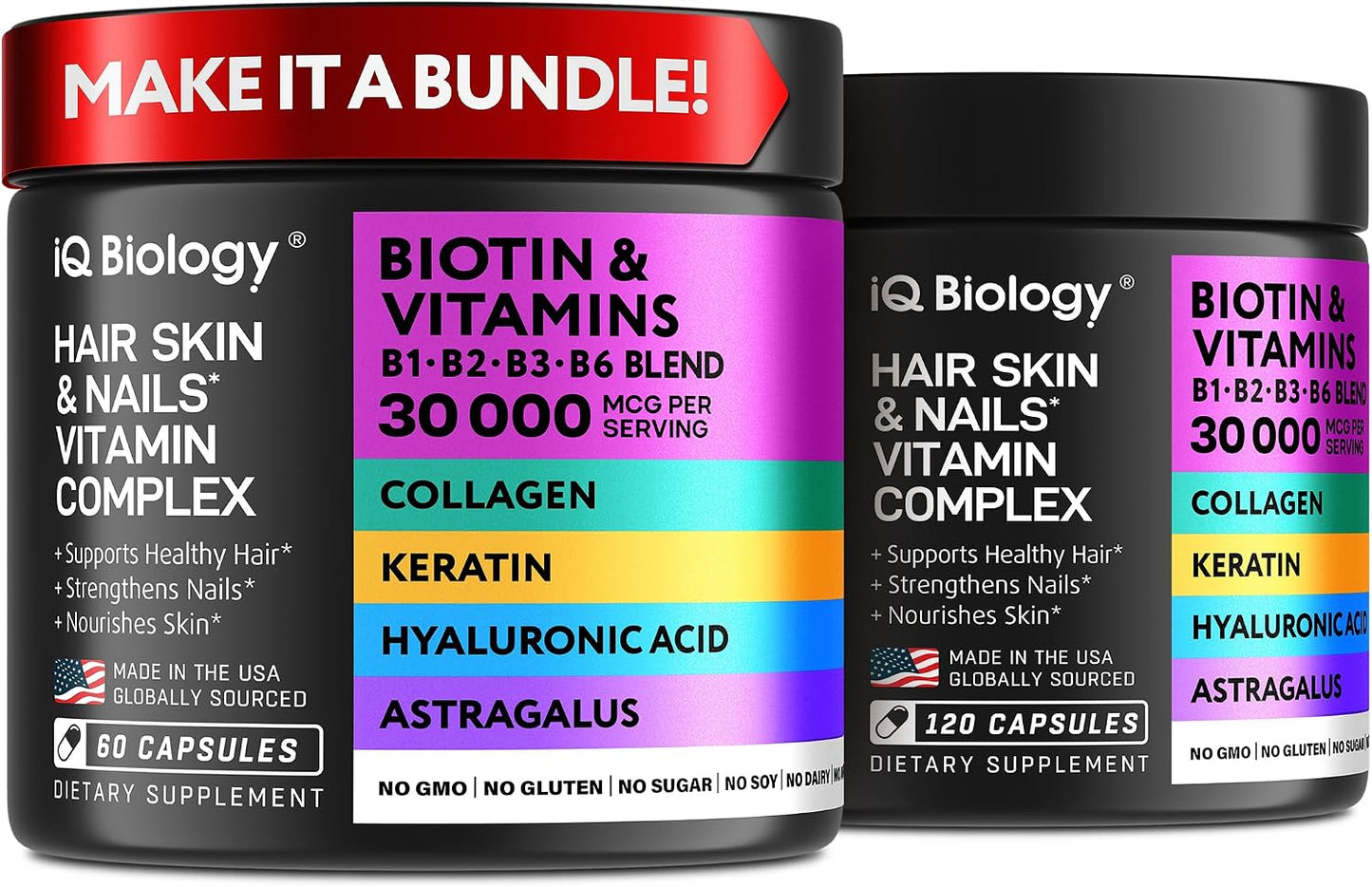 IQ BIOLOGY Biotin Bundle for Hair Growth with Collagen & Keratin for Hair Loss & Thinning Hair - Hair Skin and Nails Vitamins for Women & Men - Healthy Regrowth, Skin Glow & Nail Repair - 180 Caps