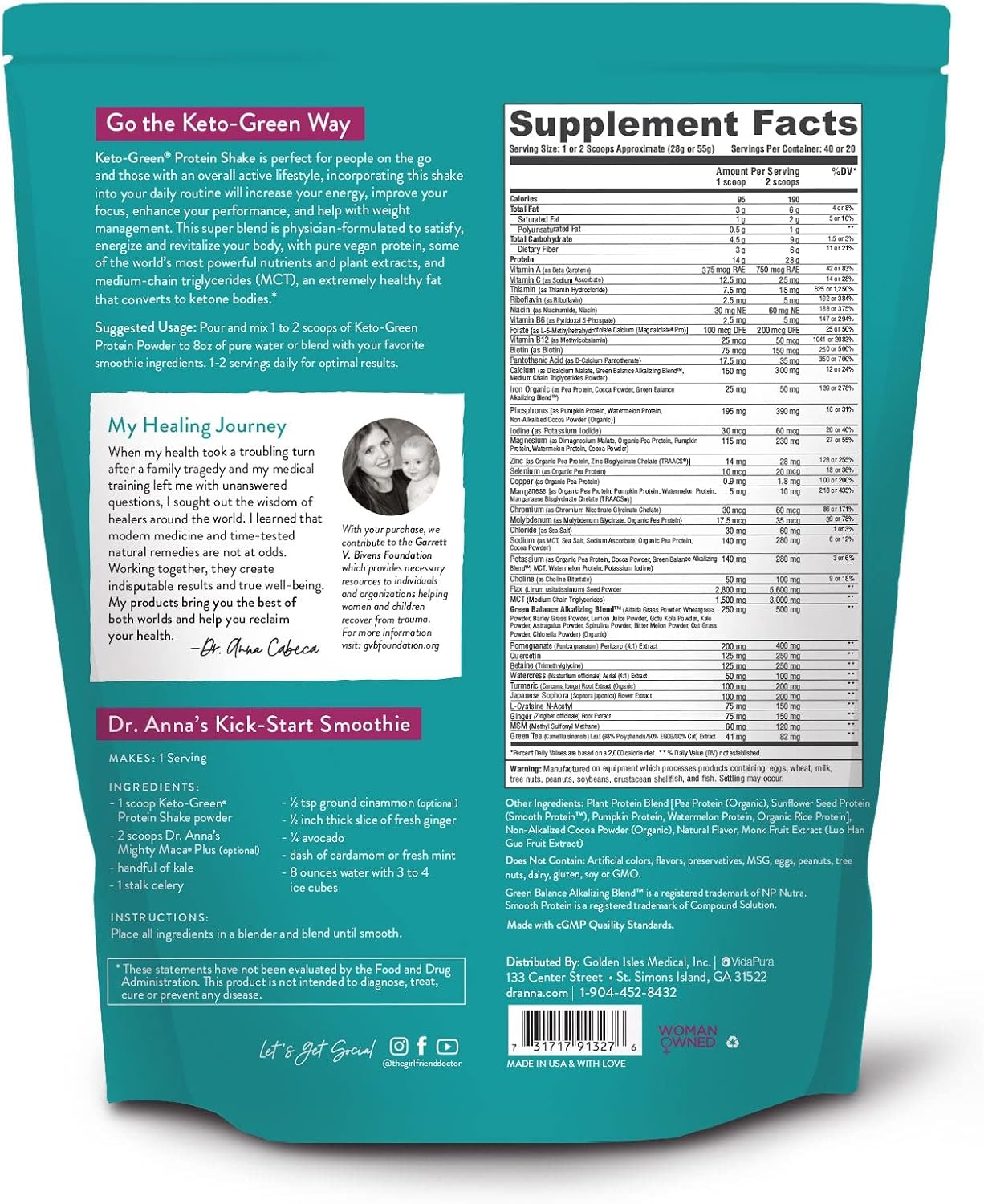 Keto-Green Chocolate Vegan Protein Powder for Women by Dr. Anna Cabeca | Plant Based Protein Powder with Greens | Dairy Free, Sugar Free | Protein Shake 40 Servings
