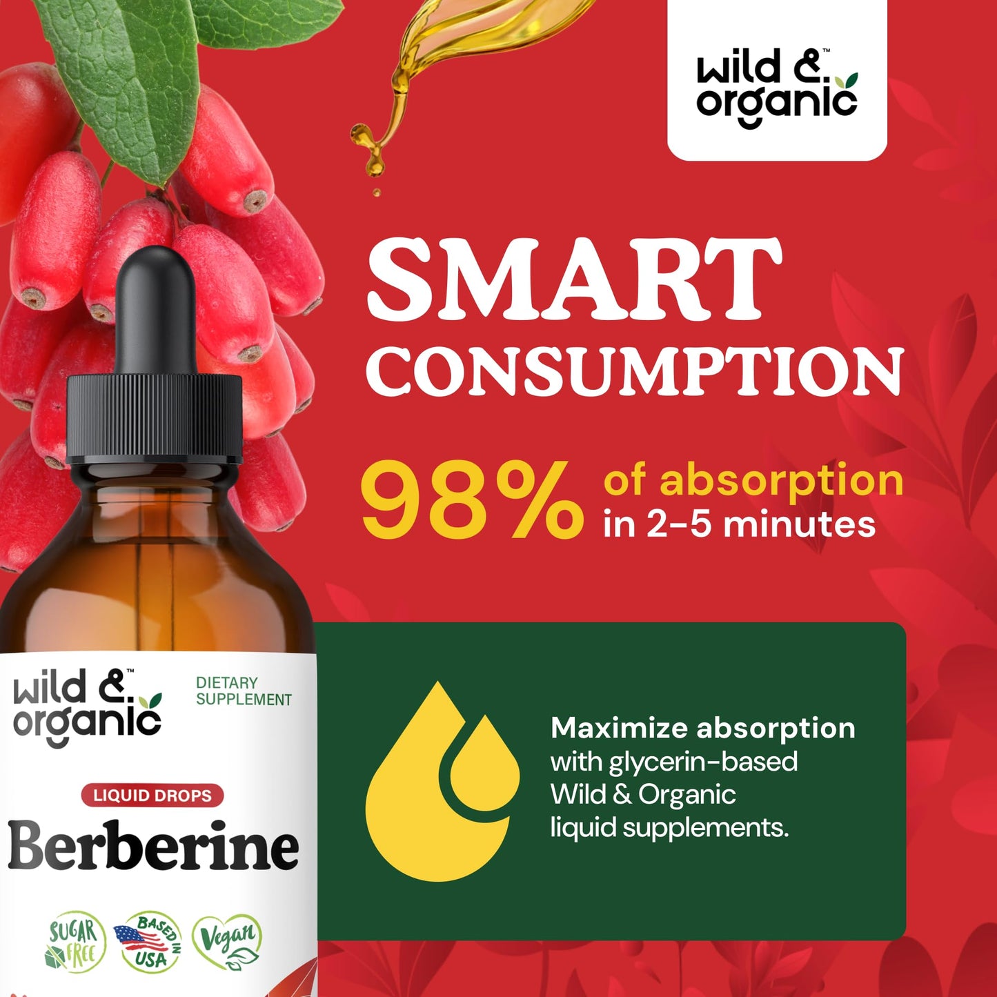 Wild & Organic Berberine Drops - Antioxidant Support - Liquid Berberine HCL 500mg - Add to Tea Supplement - Berberis Aristata Bark Extract - Pure, Vegan, Alcohol & Sugar-Free Tincture - 4 fl oz