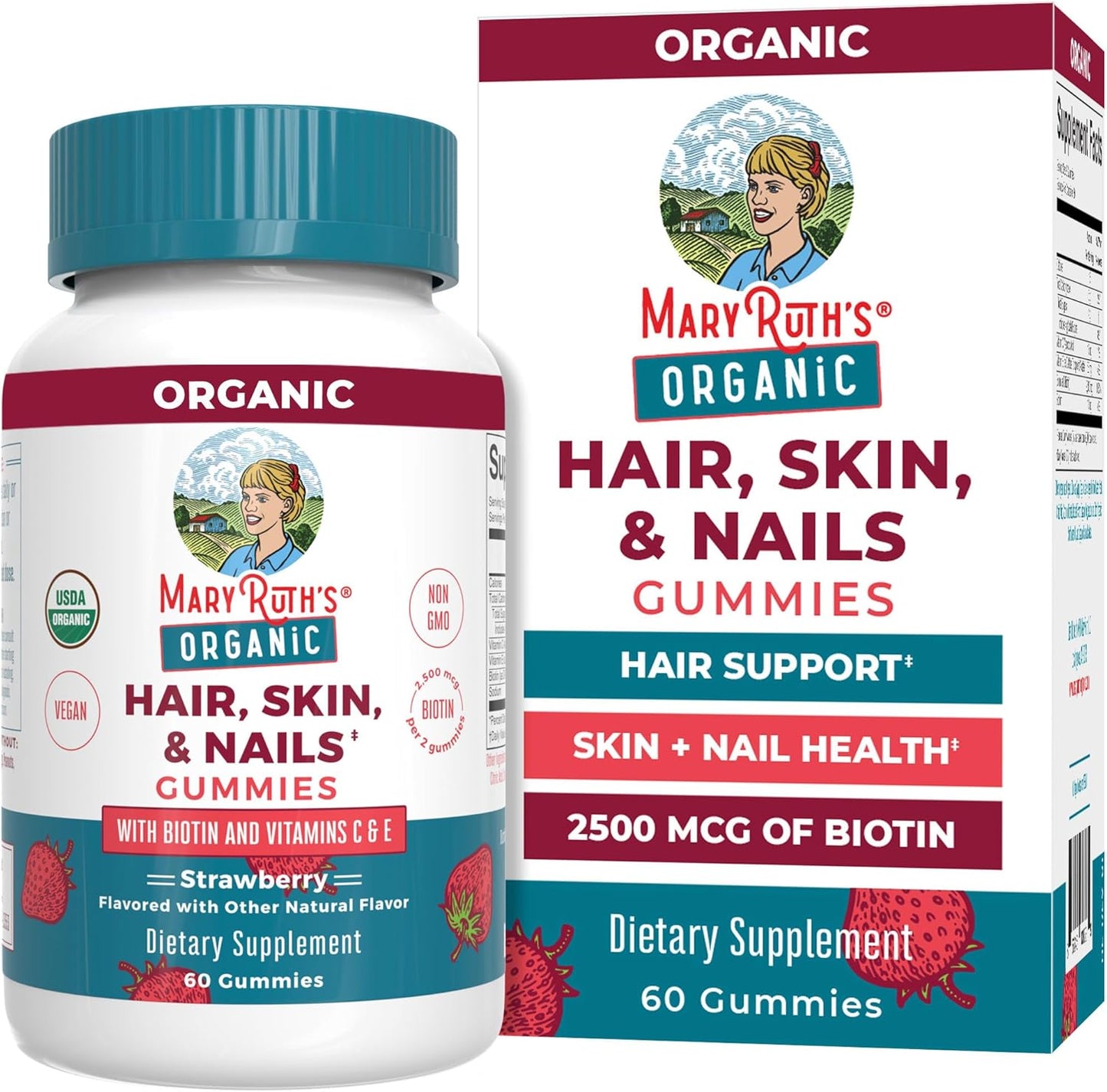 MARYRUTH'S Hair Skin and Nail Vitamins | USDA Organic | 2500 mcg Biotin Gummies with Vitamin C & Vitamin E | Hair Growth Vitamins | Skin Care | Nail Growth | Ages 14+ | 60 Count