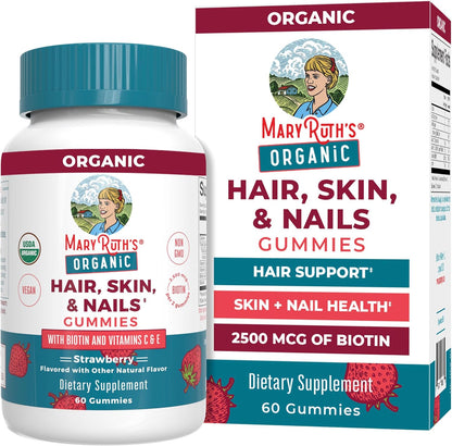 MARYRUTH'S Hair Skin and Nail Vitamins | USDA Organic | 2500 mcg Biotin Gummies with Vitamin C & Vitamin E | Hair Growth Vitamins | Skin Care | Nail Growth | Ages 14+ | 60 Count