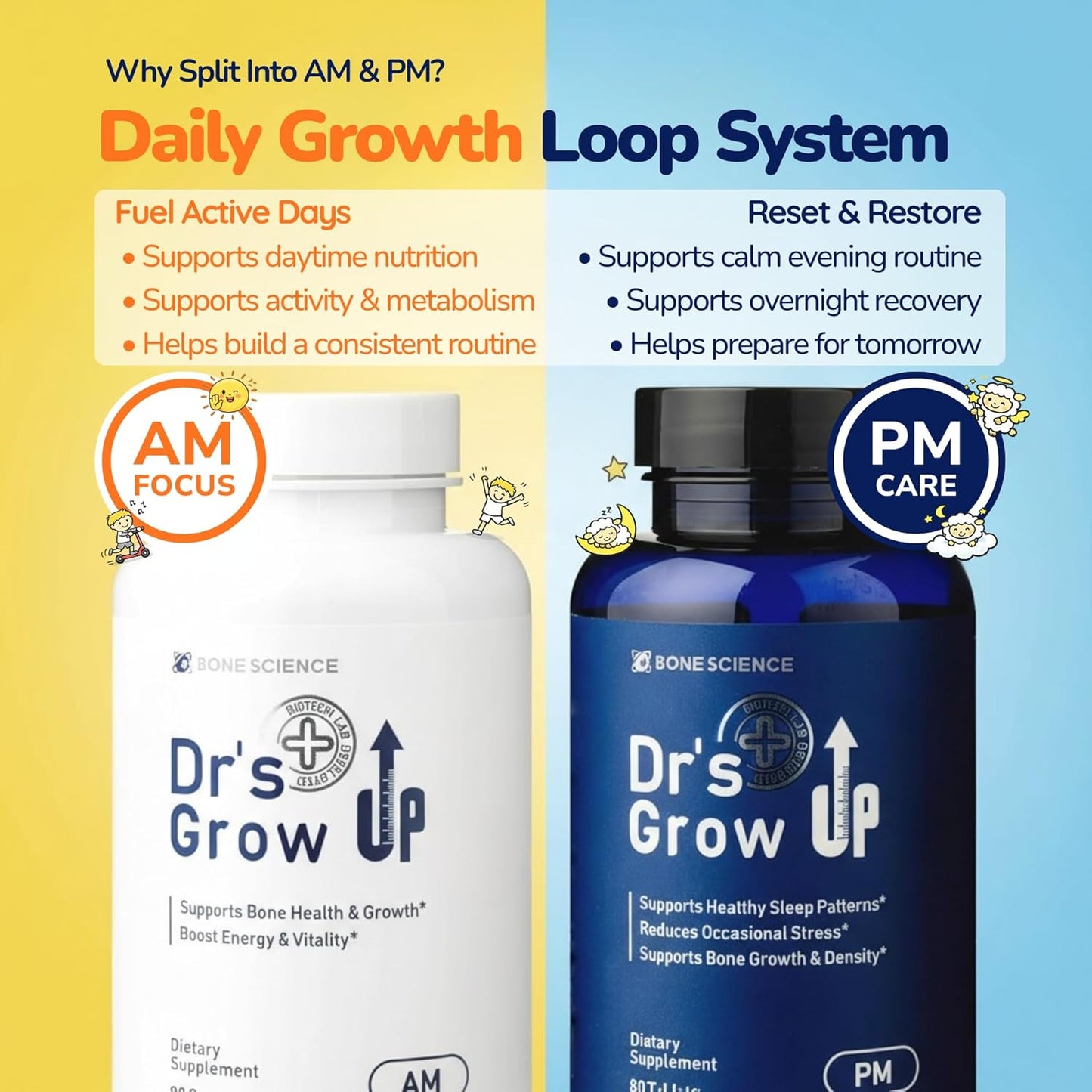 BONE SCIENCE Dr’s Grow UP AM & PM Bone and Growth for Kids and Teens, Day and Night System, Daily Formula with Highly Absorbable Essential Minerals, Vitamin D3 and K2 (MK-7)