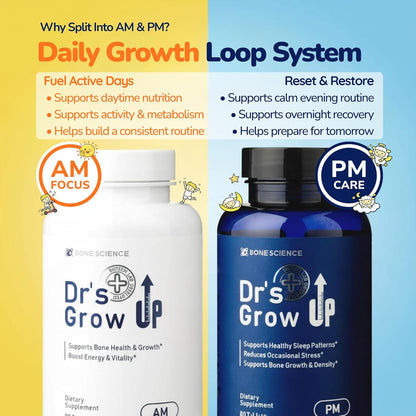 BONE SCIENCE Dr’s Grow UP AM & PM Bone and Growth for Kids and Teens, Day and Night System, Daily Formula with Highly Absorbable Essential Minerals, Vitamin D3 and K2 (MK-7)