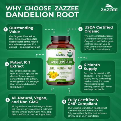 Zazzee USDA Organic Dandelion Root 10:1 Extract, 120 Capsules, 4 Month Supply, Liver & Detox Support, Taraxacum Officinale, Organic Herbal Supplement, All-Natural, Non-GMO, Made in the USA