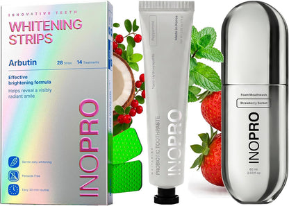 InoPro Teeth Whitening Strips 14 Treatments Kit + Peppermint Nano-Hydroxyapatite Whitening Toothpaste with Probiotic + Strawberry Foam Mouthwash with Nano-Hydroxyapatite, Xylitol, Hyaluronic Acid