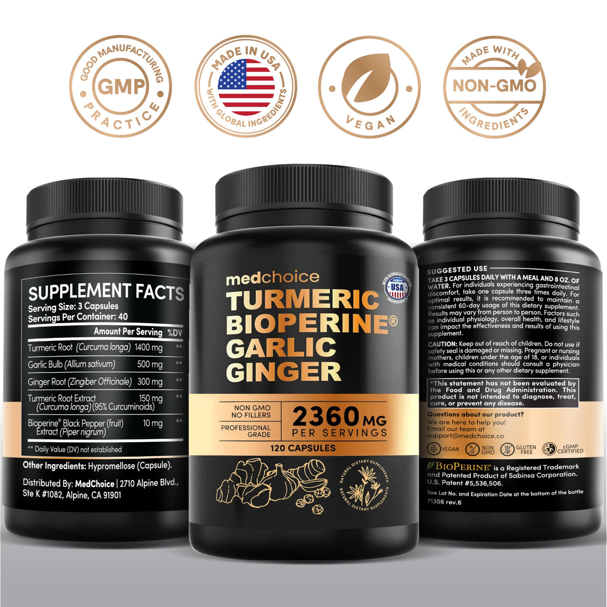 MEDCHOICE 4-in-1 Turmeric Joint Support with Garlic & BioPerine, 120ct