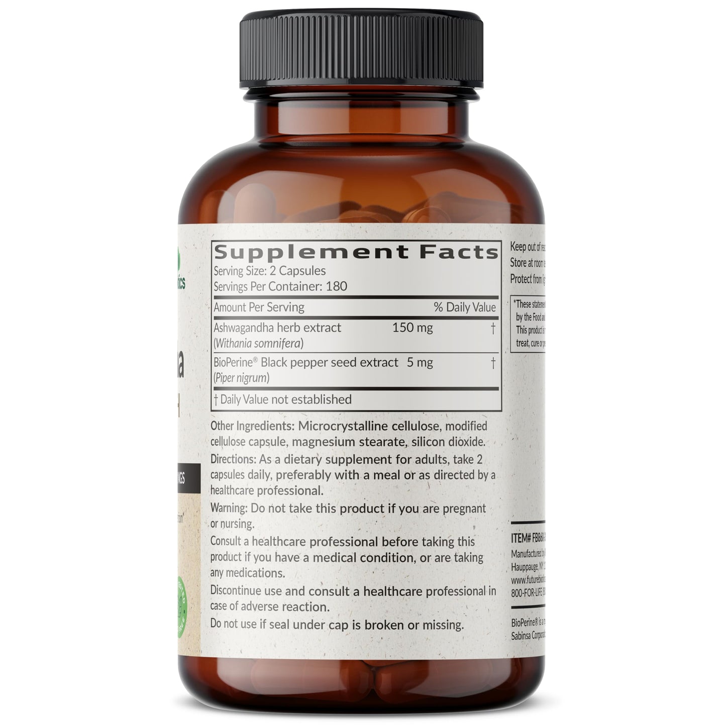 Futurebiotics Ashwagandha Extra Strength Stress & Mood Support 100 Capsules | Vegetarian, Non-GMO, Gluten-FREE, Soy-FREE, BioPerine for High Absorption