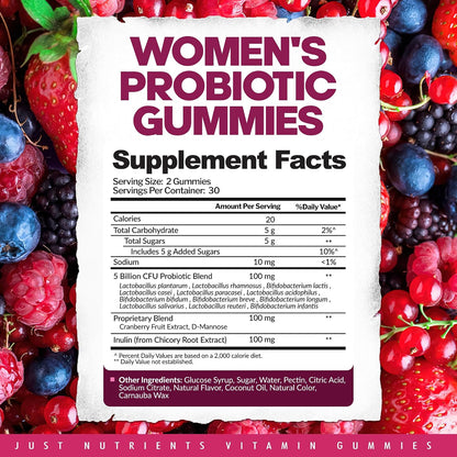 Just Nutrients Women's Probiotic Gummies with Prebiotics | 12 Strains – Digestive, Immune, Vaginal & Urinary Tract Health Support – Natural Mixed Berry Flavor, 60 Gummies