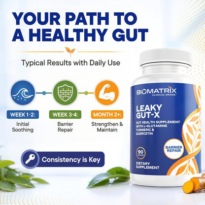BioMatrix Leaky Gut Repair Supplement w/Glutamine, Quercetin, Cat's Claw, MSM, SIBO, Prebiotic Support, Intestinal Barrier Revive for Men and Women | 60-Day Supply – Leaky Gut-X