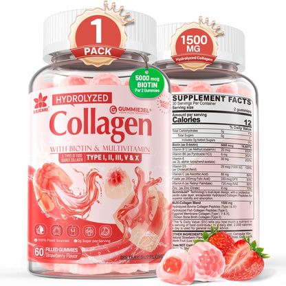 Collagen Peptide Gummies for Women & Men Sugar-Free, Multi Collagen Hydrolyzed w/ 1500mg Protein Type I,II,III,V,X, 5000mcg Biotin, Methylated B12, Vitamin C A E D3 B6 for Skin Hair Nails, Bone, 60Cts