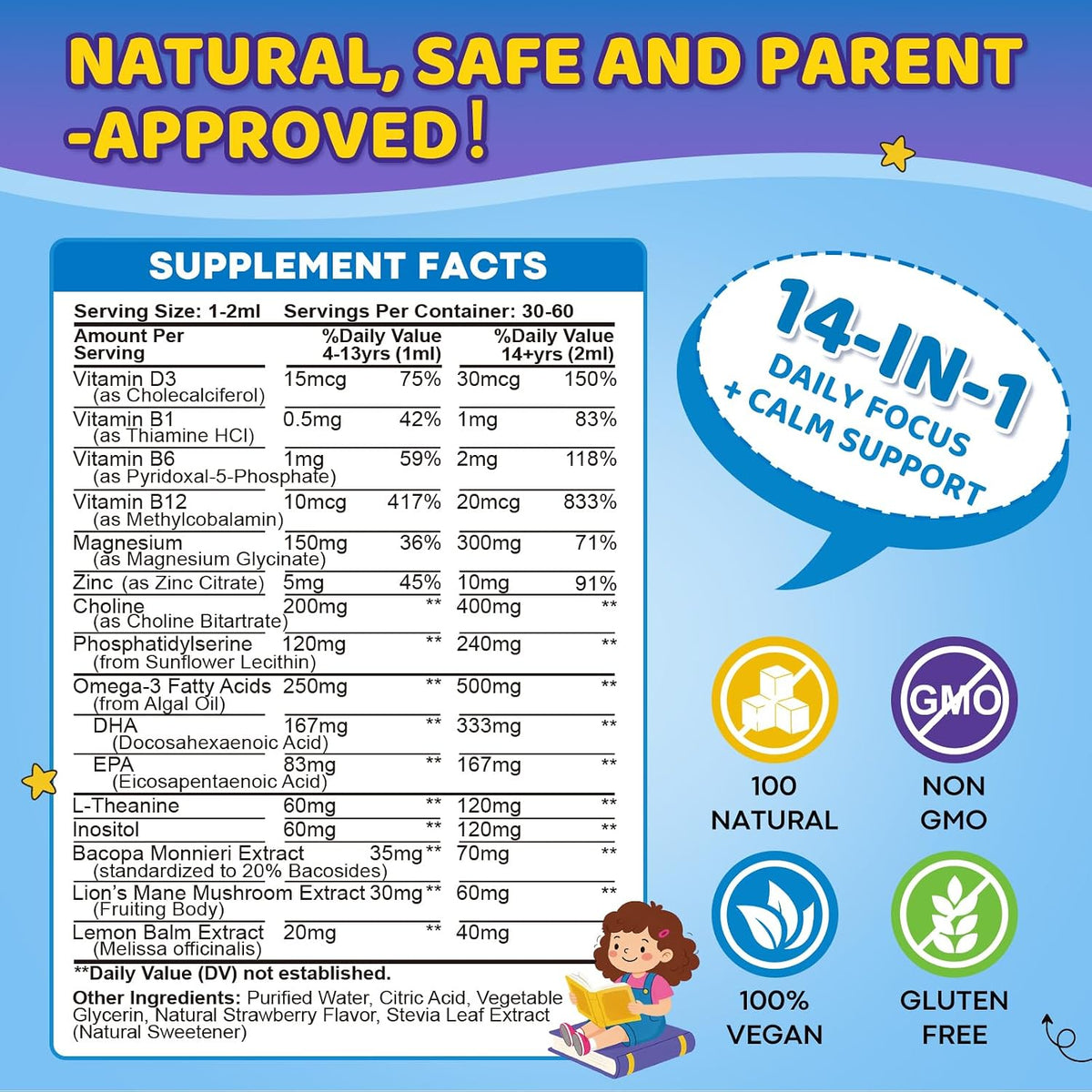 Kids Focus and Attention Drops with Phosphatidylserine, Lion’s Mane Mushroom, Magnesium Glycinate, Omega 3, Bacopa Monnier, Brain Supplements for Memory and Focus, Sleep Clam Mood, Strawberry 2 Fl Oz
