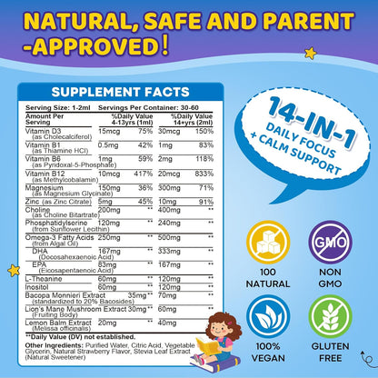 Kids Focus and Attention Drops with Phosphatidylserine, Lion’s Mane Mushroom, Magnesium Glycinate, Omega 3, Bacopa Monnier, Brain Supplements for Memory and Focus, Sleep Clam Mood, Strawberry 2 Fl Oz
