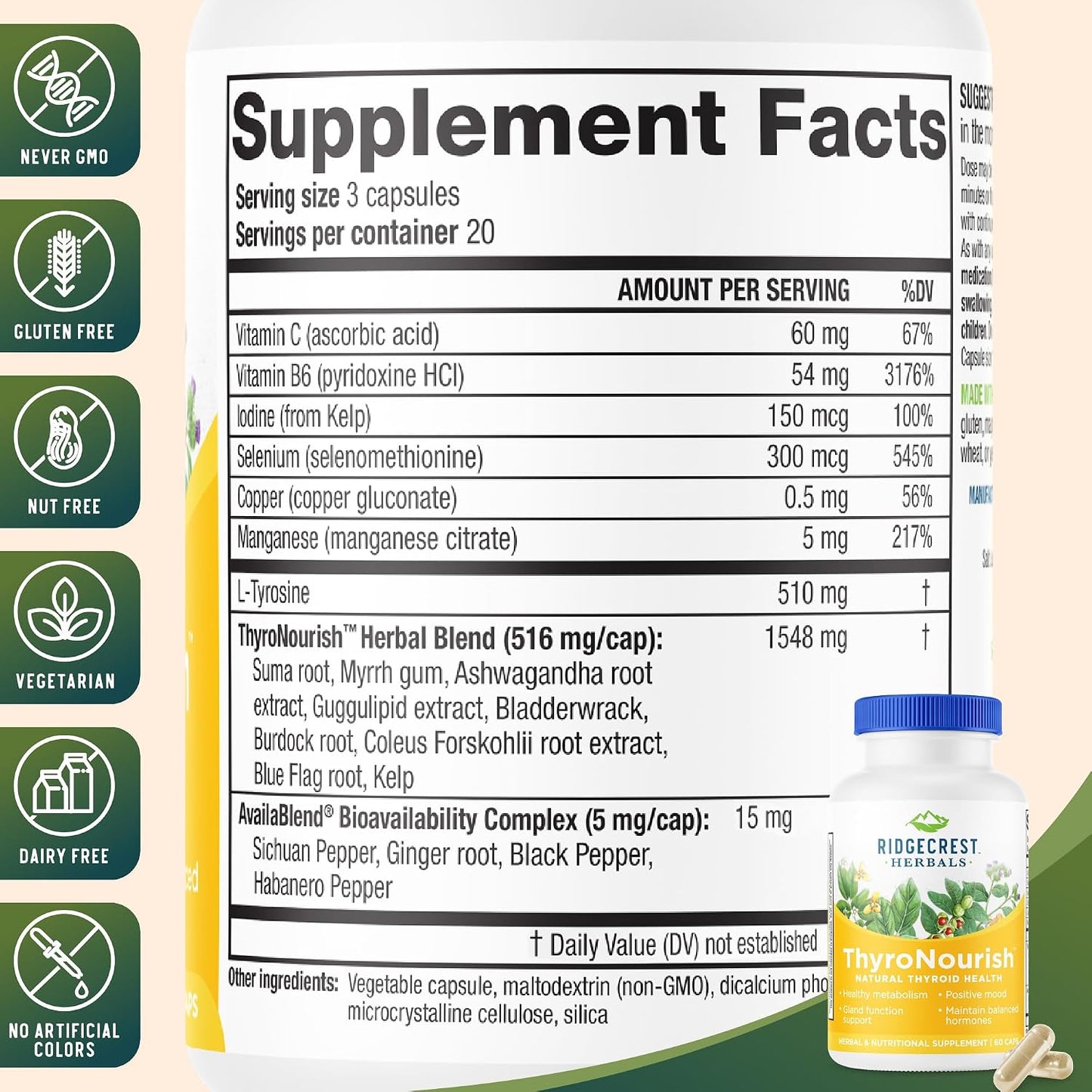 RidgeCrest Herbals ThyroNourish Thyroid and Metabolism Support 60 Ct | 30 Servings, Ashwagandha, L-Tyrosine, Iodine, Copper, Kelp, Natural Energy and Sleep Wellness, Daily Herbal Formula