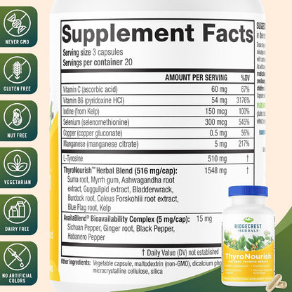 RidgeCrest Herbals ThyroNourish Thyroid and Metabolism Support 60 Ct | 30 Servings, Ashwagandha, L-Tyrosine, Iodine, Copper, Kelp, Natural Energy and Sleep Wellness, Daily Herbal Formula