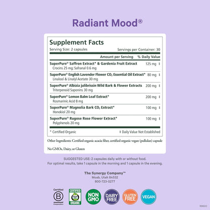 Pure Synergy Radiant Mood | Natural Mood and Sleep Supplement with Organic Saffron | with Saffron, Lemon Balm, and Magnolia Bark | for Sleep, and Stress Support (60 Capsules)