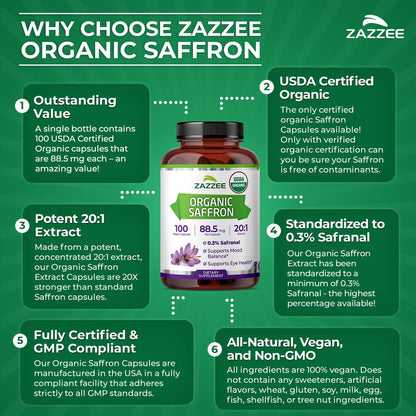 Zazzee USDA Organic Saffron 20:1 Extract, 88.5 mg, 0.3% Safranal, 100 Vegan Capsules, 3+ Month Supply, Concentrated and Standardized 20X Extract, Non-GMO, All-Natural, Made in the USA