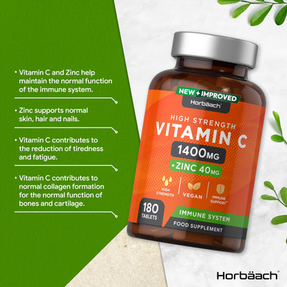 Vitamin C and Zinc | 180 Vegan Tablets | High Strength Vitamin C 1400mg and Zinc 40mg