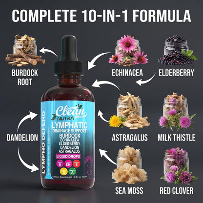 Organic Lymphatic Drainage Supplement | Lymphatic Support Drops | Burdock Root Echinacea Elderberry Dandelion Astragalus Milk Thistle Sea Moss Red Clover Cleanse Marigold Drop By Clean Nutra