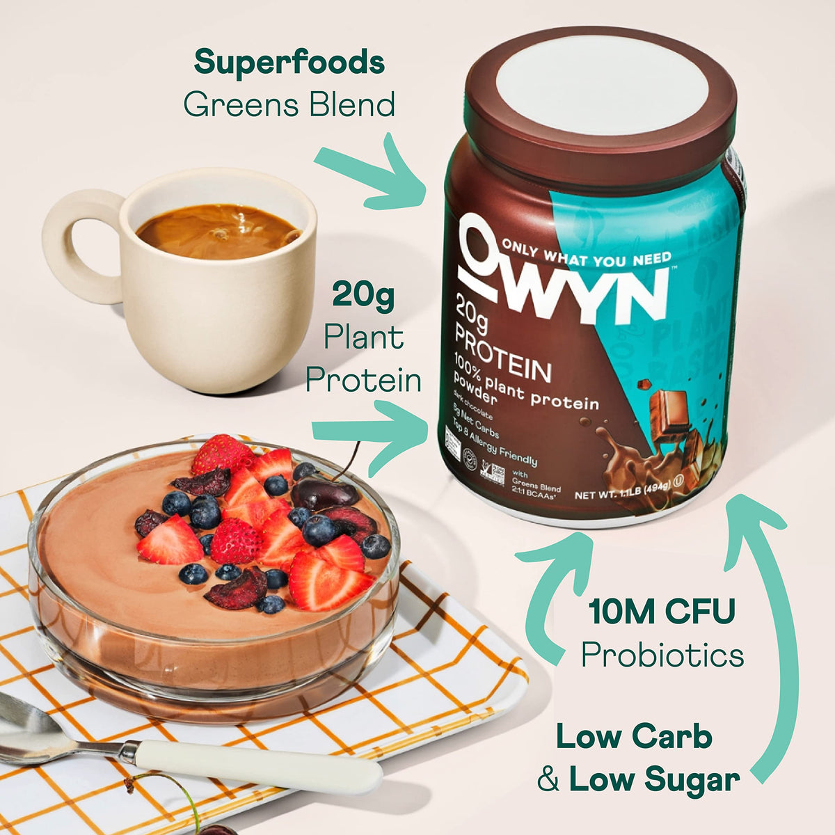 OWYN Only What You Need Vegan Protein Powder, 20g Plant Based Protein, Probiotics