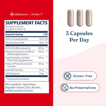 LifeSeasons Choles-T - Cholesterol Support Supplement - Supports Healthy Cholesterol Levels & Enhances Liver Function - Red Yeast Rice, CoQ10, Guggul & Phytosterols - 90 Capsules / 30-Day Supply